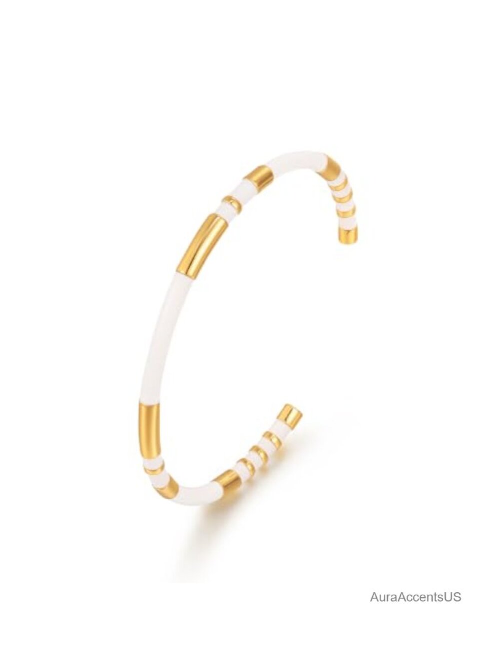 Gold Plated Open Cuff Bracelet White Enamel Cubic Zirconia Adjustable